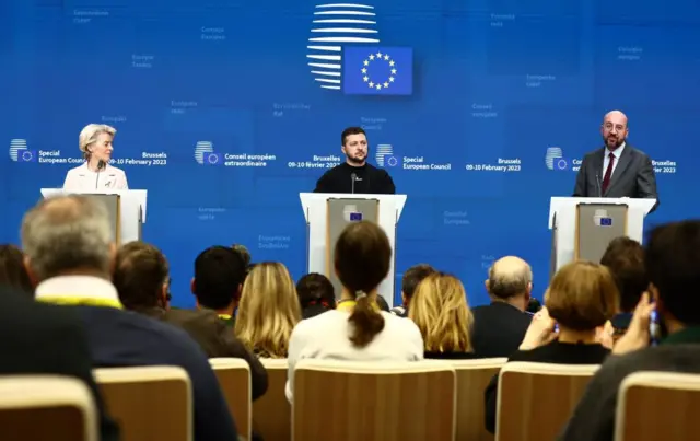 President Zelensky flanked by President of the European Council Charles Michel and European Commission President Ursula von der Leyen