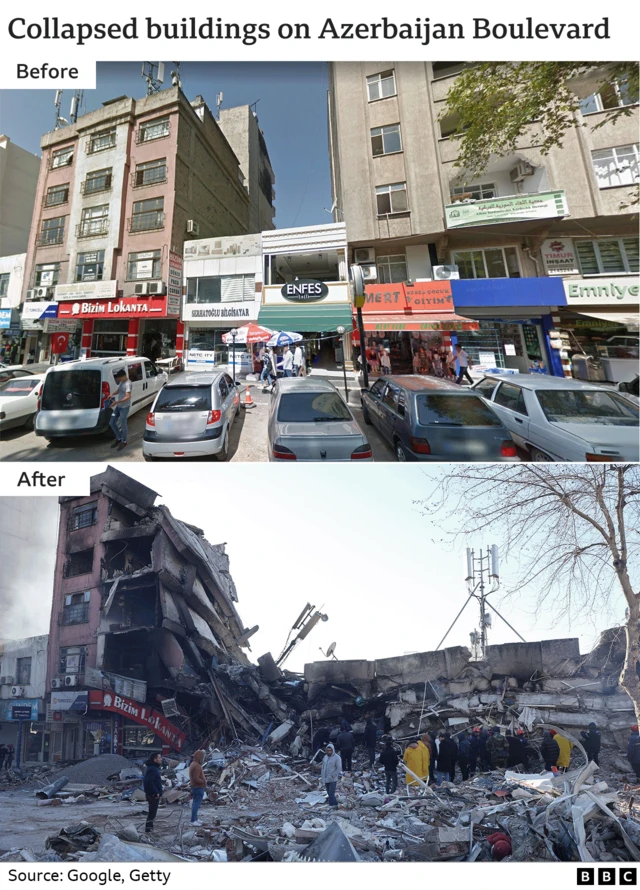 before and after pictures of collapsed buildings in Azerbaijan Boulevard