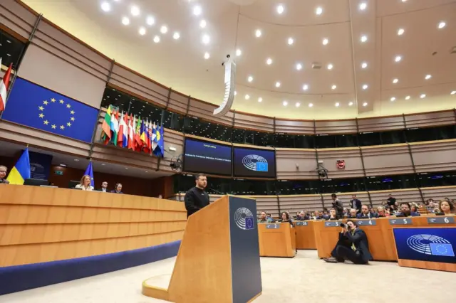 Ukrainian President Volodymyr Zelenskiy addresses the European Parliament