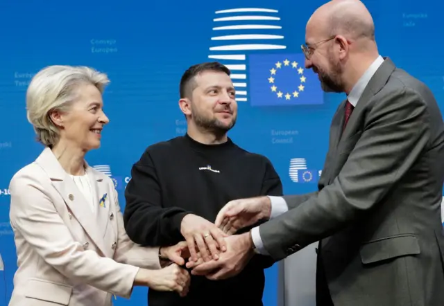 President of the European Commission Ursula von der Leyen, Ukraine's President Volodymyr Zelensky and President of the European Council Charles Michel