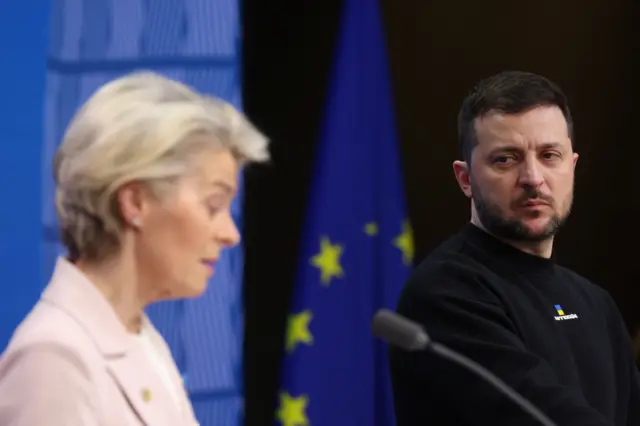 Ursula von der Leyen speaks alongside Volodymyr Zelensky