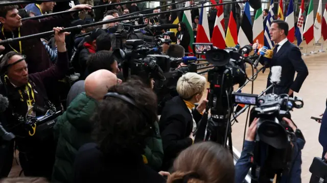 Dutch Prime Minister Mark Rutte speaks to the media in Brussels