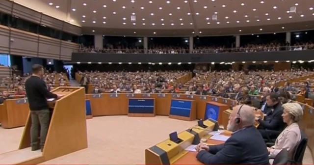 Ukraine's President Volodymyr Zelensky addresses the European Parliament