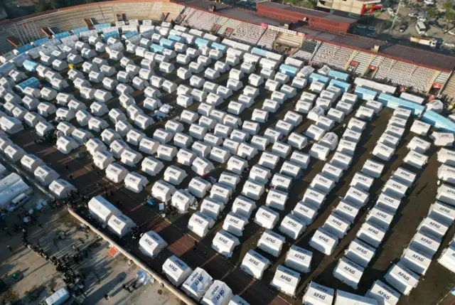 Tents are placed at a stadium in the aftermath of the deadly earthquake, in Kahramanmaras , Turkey, February 9, 2023