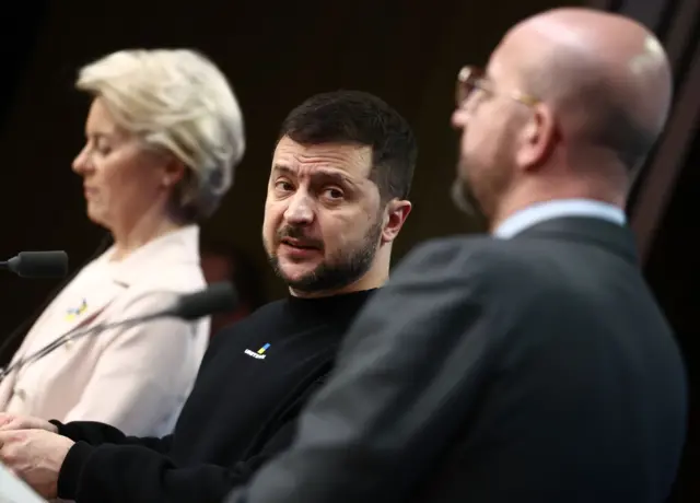 President of the European Commission Ursula von der Leyen, Ukraine's President Volodymyr Zelensky and President of the European Council Charles Michel