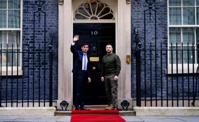 UK Pm Rishi Sunak and Ukrainian President Volodymyr Zelensky outside 10 Downing Street, London