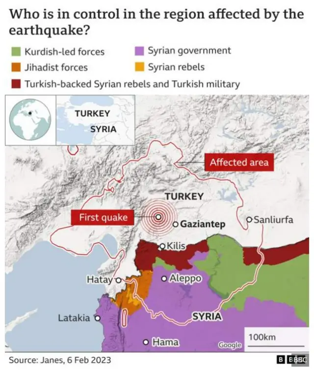 Map of Syria showing which areas are controlled by who