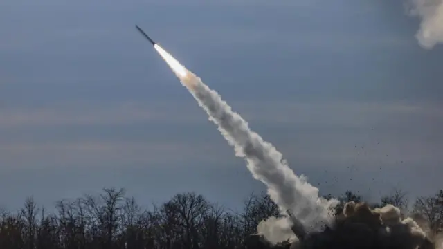 A High Mobility Artillery Rocket System (Himars) of the Ukrainian army fires close to the frontline at the northern Kherson region