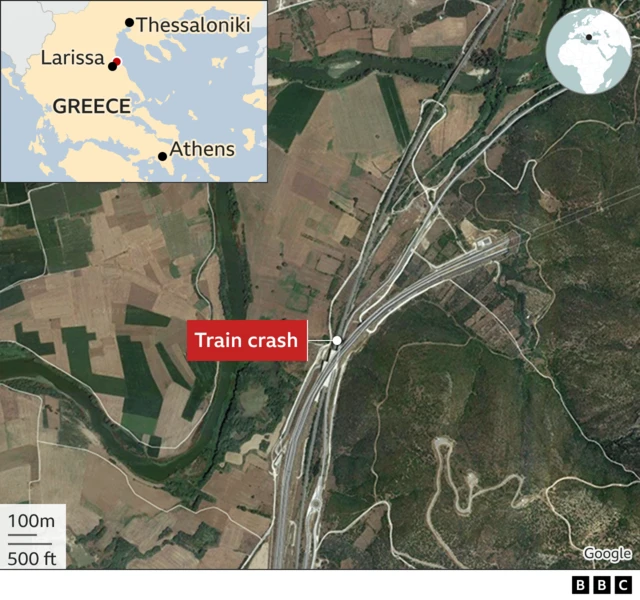 Satellite image showing where the crash happened just outside a tunnel along with a map showing it was just outside Larissa on the way to Thessaloniki