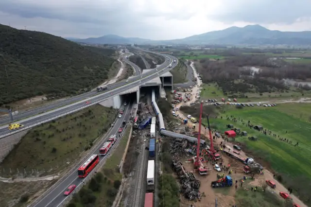 An overhead view of the train crash