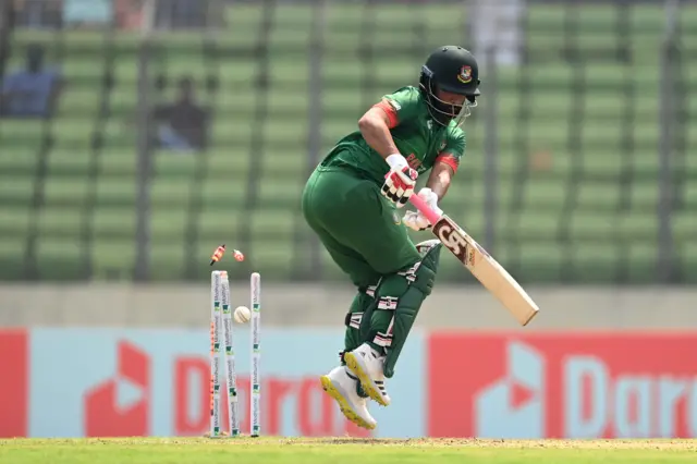 Tamim Iqbal is bowled by Mark Wood in the opening Bangladesh-England ODI