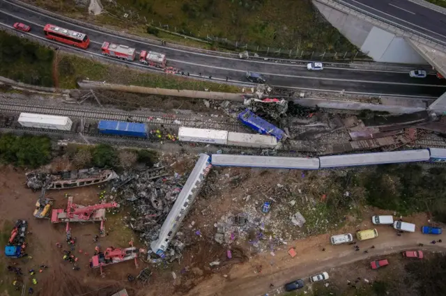 An aerial view of the wreckage of a train crash in Greece