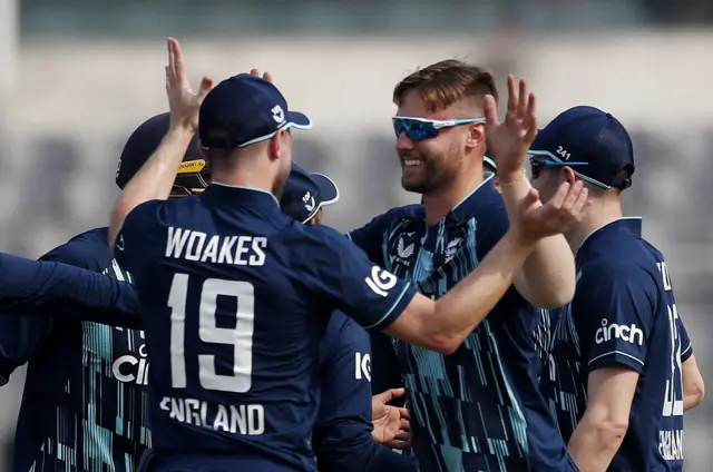 Will Jacks celebrates dismissing Afif Hossain for his  first ODI wicket