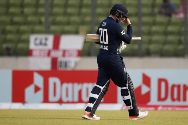 England's Jason Roy walks after losing his wicket