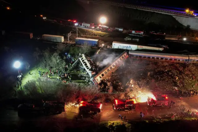 A view of the site of a crash, where two trains collided, near the city of Larissa, Greece,