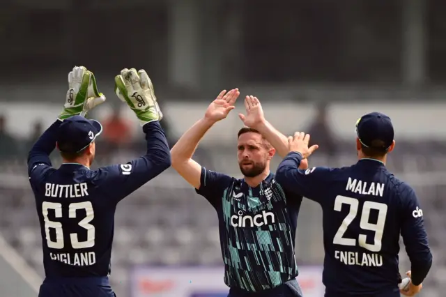 England's Chris Woakes celebrates the wicket of Bangladesh's Litton Das in the first ODI