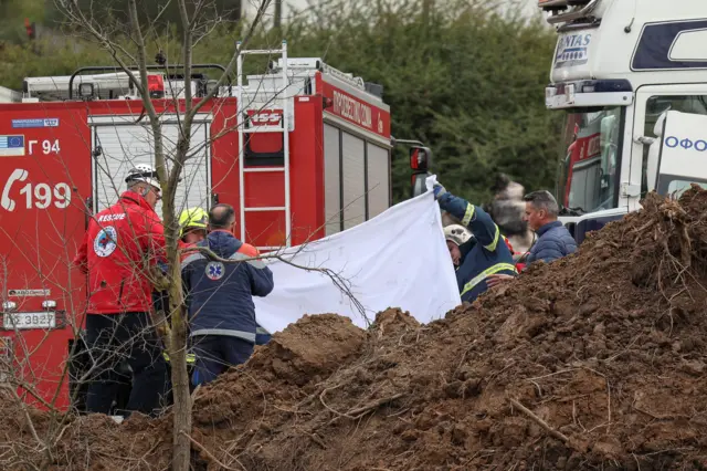 Rescuers operate at the site of a crash