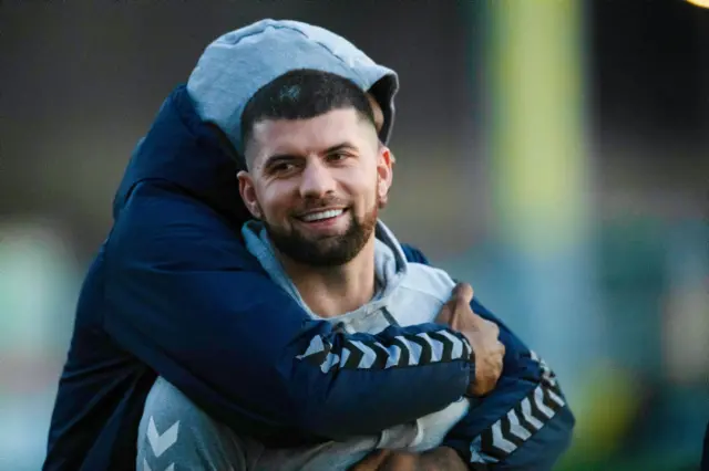 Kilmarnock's Jordan Jones is hugged by a team-mate before a Scottish Cup Quarter-Final match between Inverness Caledonian Thistle and Kilmarnock at the Caledonian Stadium