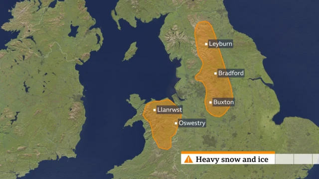 A BBC map shows parts of north Wales, the Peak District and the Pennines covered by amber weather warnings