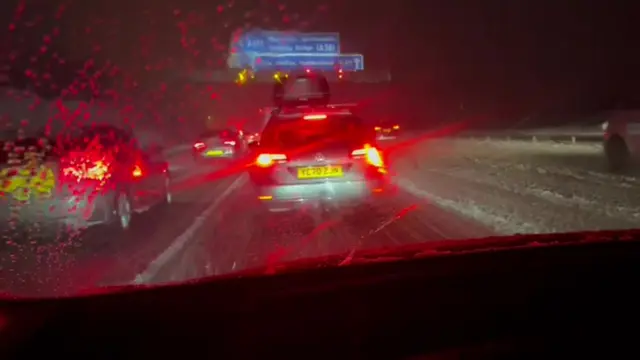 Snow-hit traffic on the M62