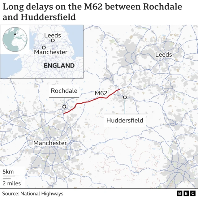 BBC graphic shows a snow-affected stretch of the M62 between Rochdale and Huddersfield