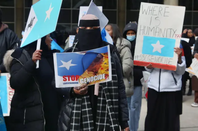 Demonstrators gather in Toronto, Ontario, Canada, on February 19, 2023 to protest the violence in Somalia's breakaway region of Somaliland