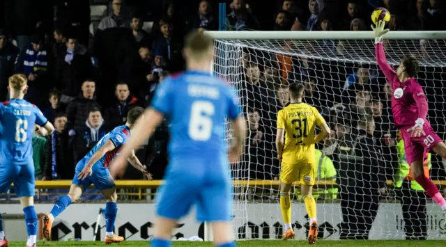 Inverness' Sean Welsh hits the bar with his header during a Scottish Cup Quarter-Final match between Inverness Caledonian Thistle and Kilmarnock at the Caledonian Stadium