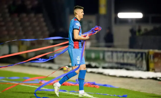 Inverness' Wallace Duffy clears the pitch during a Scottish Cup Quarter-Final match between Inverness Caledonian Thistle and Kilmarnock at the Caledonian Stadium