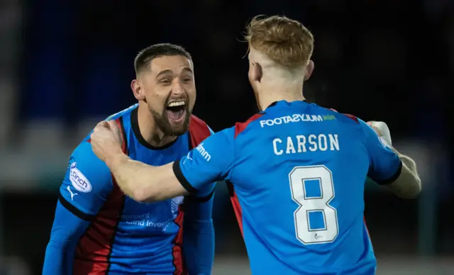 Inverness' Robbie Deas and David Carson celebrate at full time during a Scottish Cup Quarter-Final match between Inverness Caledonian Thistle and Kilmarnock at the Caledonian Stadium