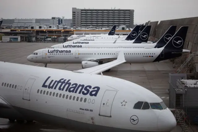 Lufthansa planes parked at Frankfurt Airport