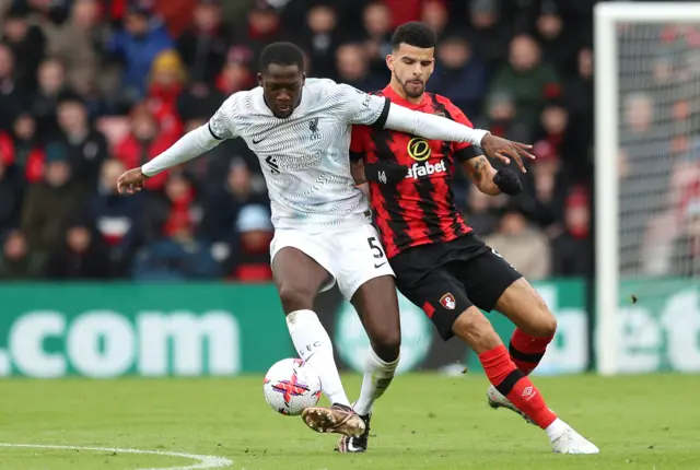 Liverpool's Ibrahima Konate (left) and Bournemouth's Dominic Solanke battle for the ball during the Premier League match at the Vitality Stadium