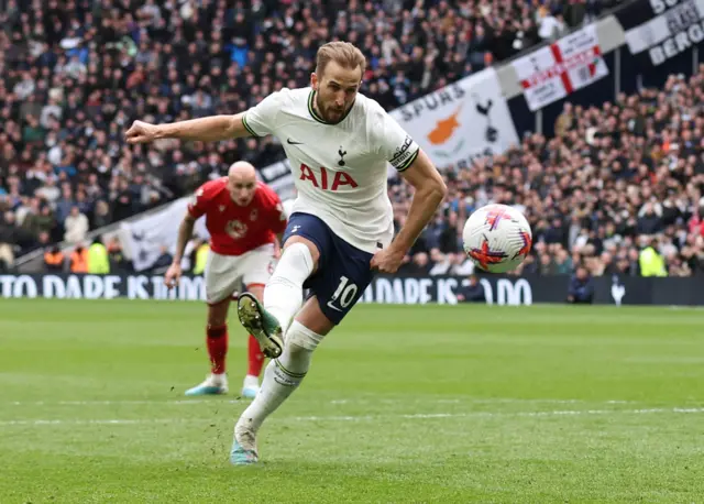 Tottenham Hotspur's Harry Kane scores their second goal v Nottingham Forest from the penalty spot