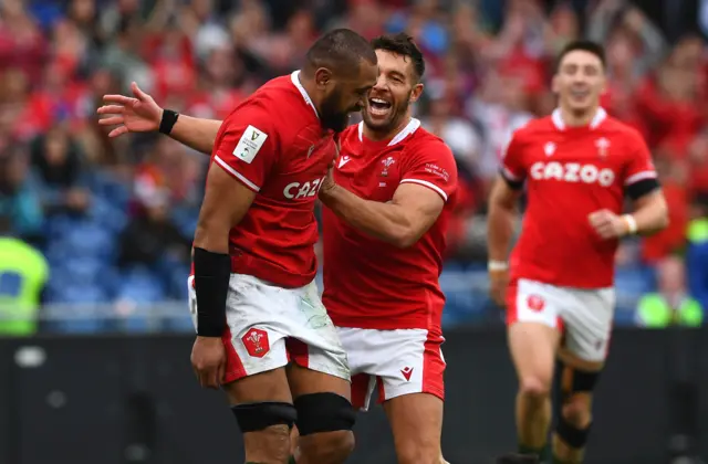 Rhys Webb and Taulupe Faletau celebrate