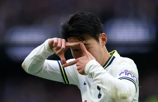 Tottenham Hotspur's Son Heung-min celebrates scoring their side's third goal of the game v Nottingham Forest during the Premier League match at the Tottenham Hotspur Stadium