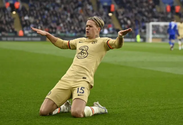 Chelsea's Mykhailo Mudryk celebrates scoring a disallowed goal at Leicester