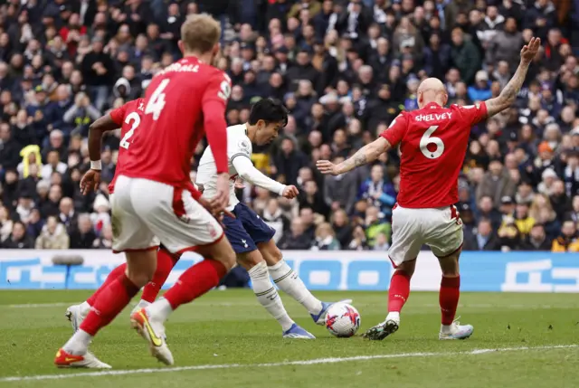 Tottenham Hotspur's Son Heung-min scores their third goal v Nottingham Forest