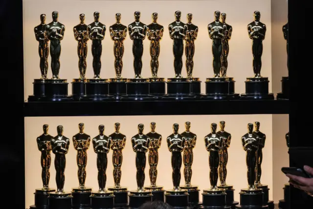 Oscar statuettes sit on display backstage during the show at the 94th Academy Awards at the Dolby Theatre at Ovation Hollywood