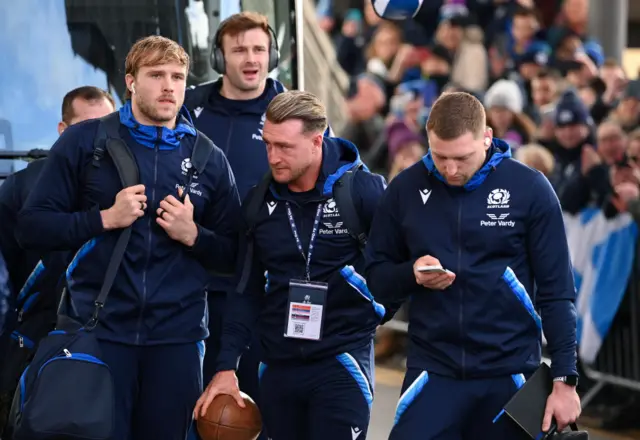 Jonny Gray, Stuart Hogg and Finn Russell of Scotland arrive prior to the Six Nations Rugby match between Scotland and Ireland at Murrayfield Stadium