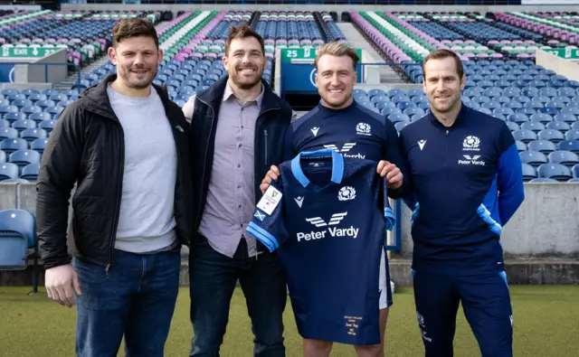 Stuart Hogg is pictured ahead of his 100th cap with fellow Scotland centurions Ross Ford, Sean Lamont and Chris Paterson during a Scotland team run ahead of the Guinness Six Nations match with Ireland