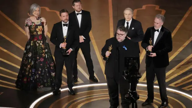 Guillermo del Toro, Mark Gustafson, Gary Ungar and Alex Bulkley win the Oscar for Best Animated Feature Film for "Guillermo Del Toro's Pinocchio"