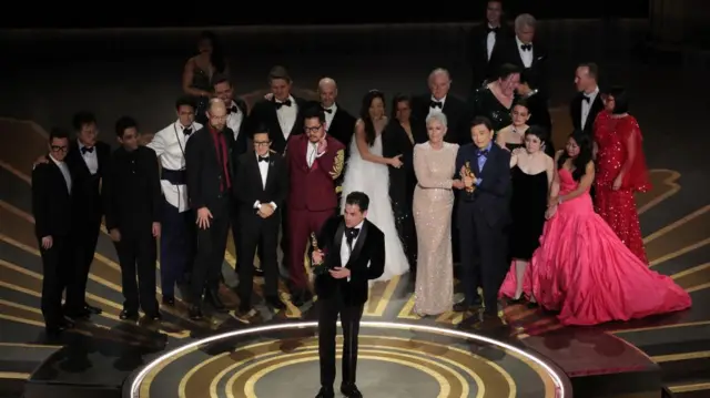 Daniel Kwan, Daniel Scheinert and Jonathan Wang win the Oscar for Best Picture for "Everything Everywhere All at Once"