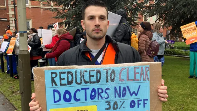 Tal, on the picket line at Leicester infirmary