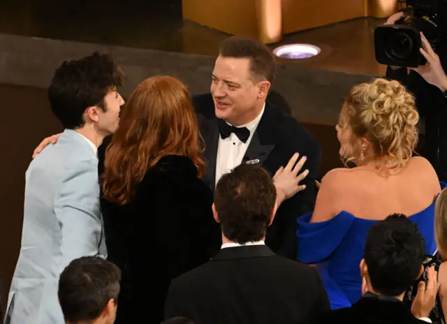 US actor Brendan Fraser celebrates winning the Oscar for Best Actor in a Leading Role for "The Whale"