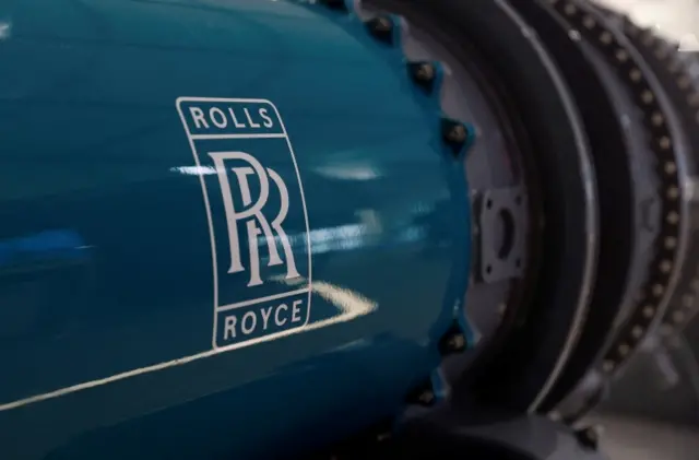 Signage for Rolls Royce is seen on model of an engine at the Farnborough International Airshow,July 2022