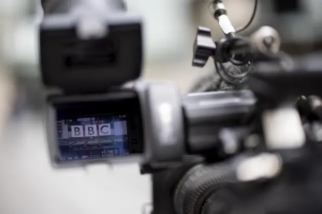 The BBC's New Broadcasting House captured through a camera viewfinder