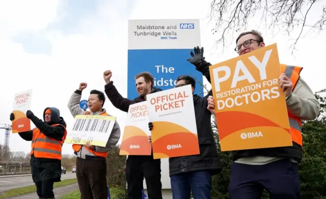 Striking NHS junior doctors on the picket line outside the Maidstone Hospital in Kent