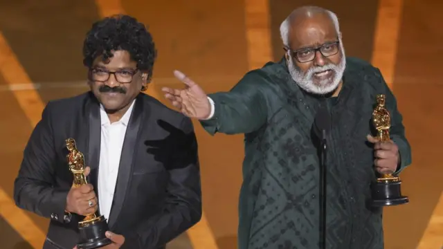 M.M. Keeravaani and Chandrabose win the Oscar for Best Original Song for "Naatu Naatu" from "RRR"