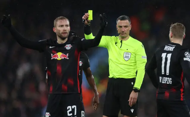 RB Leipzig's Timo Werner is shown a yellow card