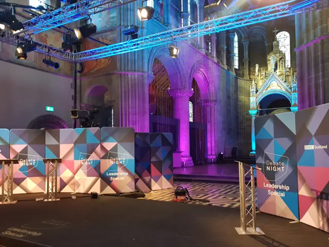 The set is ready inside the Mansfield Traquair Centre in Edinburgh