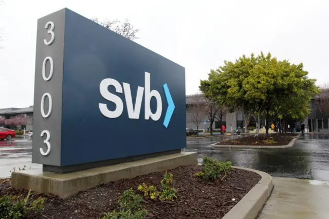 A sign for Silicon Valley Bank headquarters in Santa Clara, California